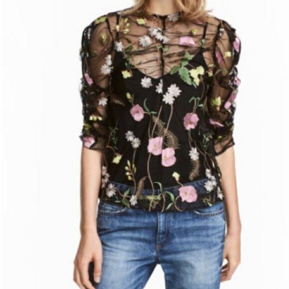 H&M Sheer Floral Embroidered‎ Blouse 4 Black Puff 3/4 Sleeve Top - Picture 11 of 11